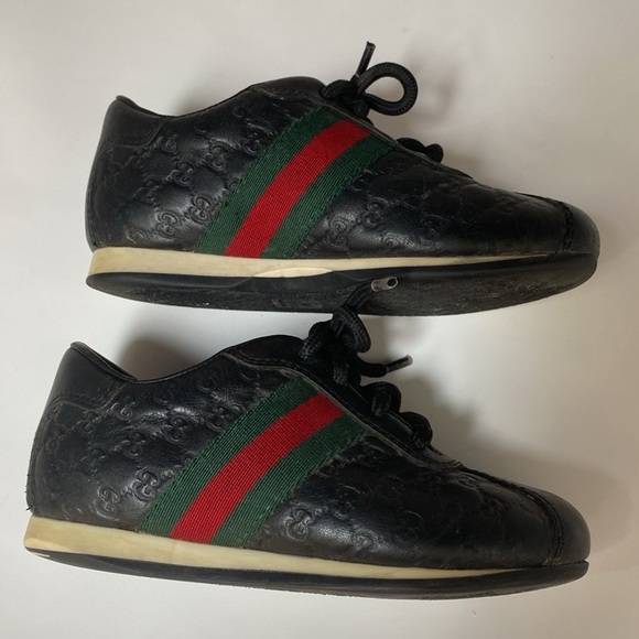 Toddler Boys Gucci Sneakers Logo Embossed Black Leather Red Green Stripe Size 23 - Picture 6 of 11